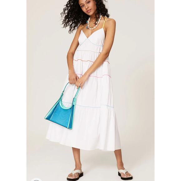 STAUD Dresses & Skirts - STAUD Cleo White Tiered Poplin Cotton Rainbow Trim Dress Sz M